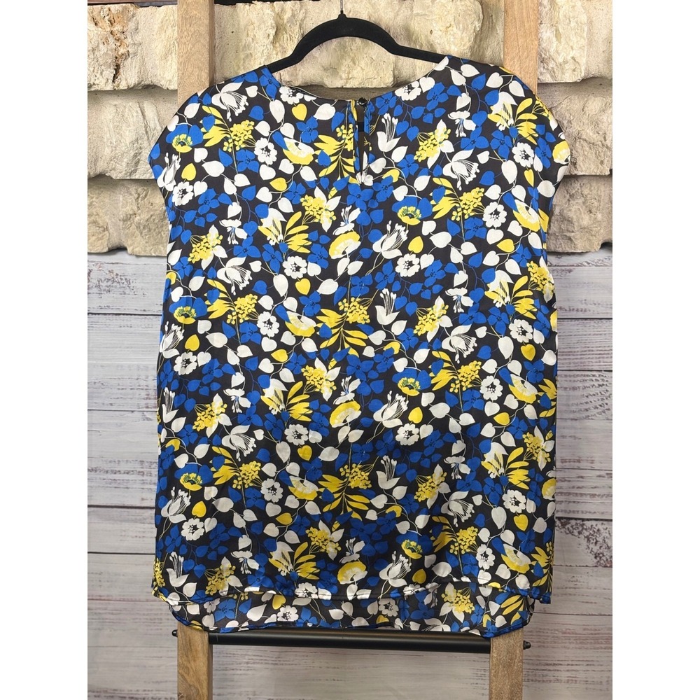 Kasper Women XL Blue Yellow Floral Pleated Cap Sleeve Blouse Top Keyhole Back - Picture 3 of 9